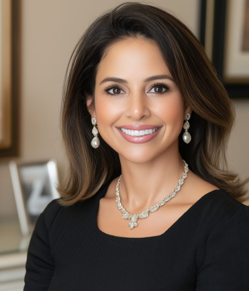 Elegant woman smiling in office with floral decor and chic jewelry